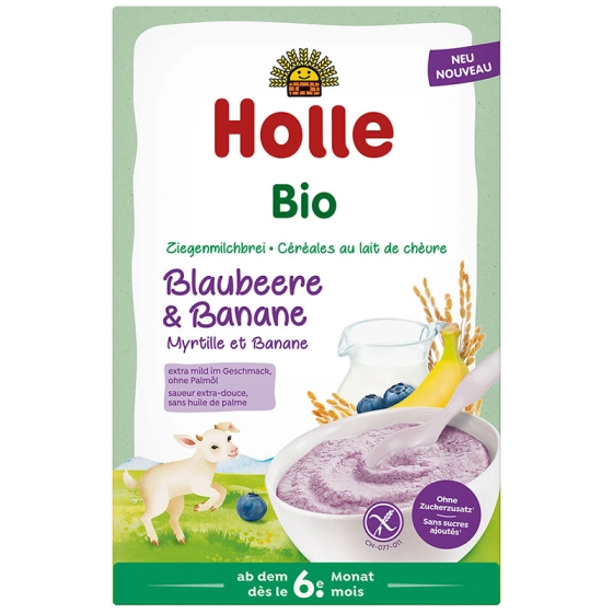 Holle БИО каша с козе мляко, боровинки и банани 200г - topcho-online.bg Holle БИО каша с козе мляко, боровинки и банани 200г