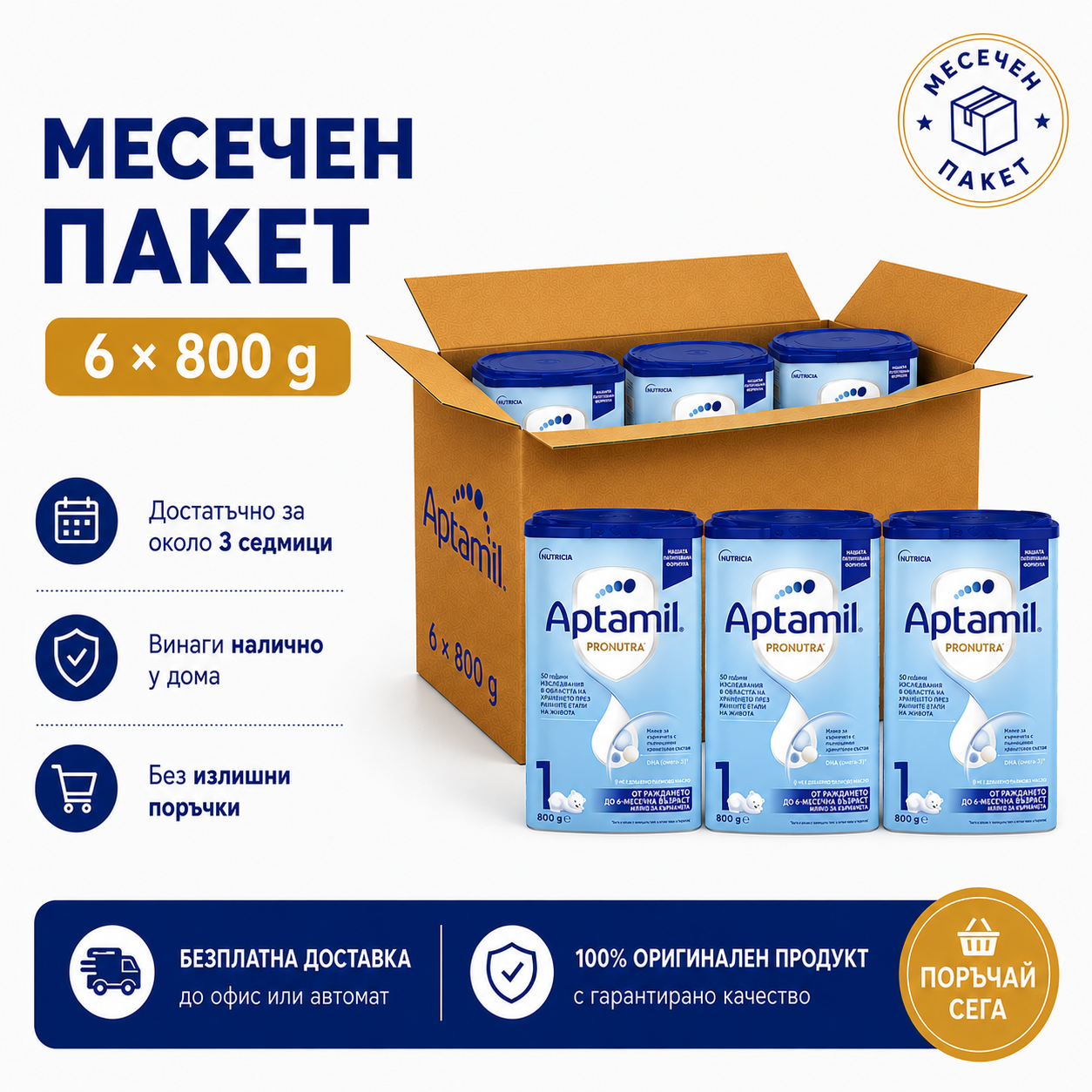 Бебешко мляко Aptamil Pronutra 1 800 г пакет 6 броя